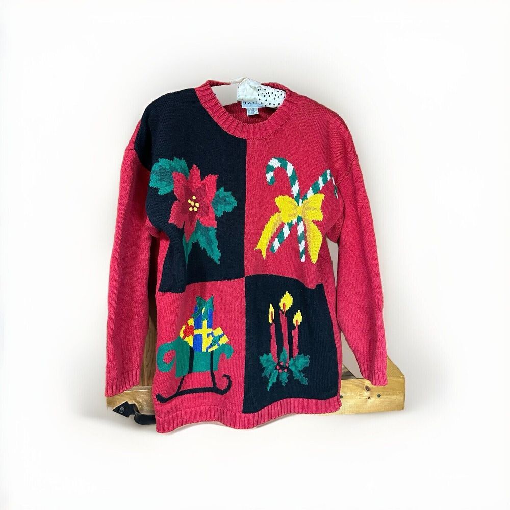 Vtg 90s IZOD Christmas Knit Grannycore Pullover Sweater Women's Size Medium EUC